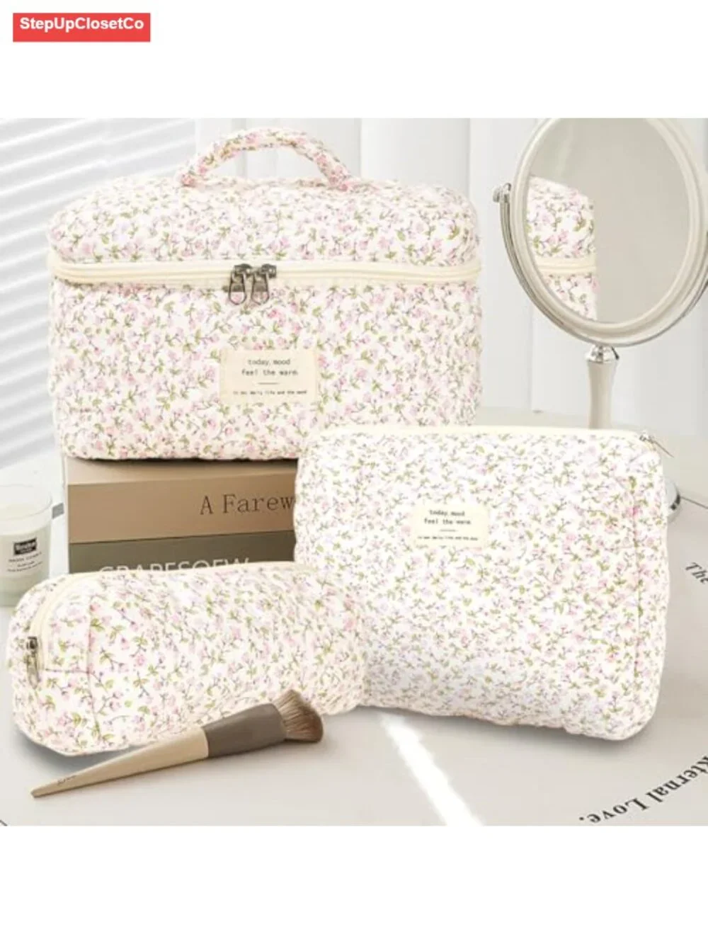 Quilted Cotton Makeup Bag Set, 3 Piece Travel Cosmetic Organizer Pouch, Nylon